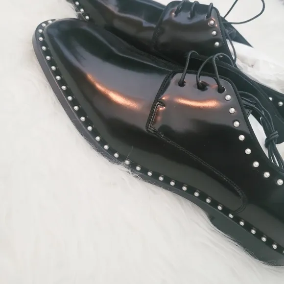NWB Jimmy Choo Shiny Black Leather Oxford Shoe with Pearl Detailing
