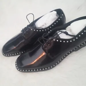 NWB Jimmy Choo Shiny Black Leather Oxford Shoe with Pearl Detailing