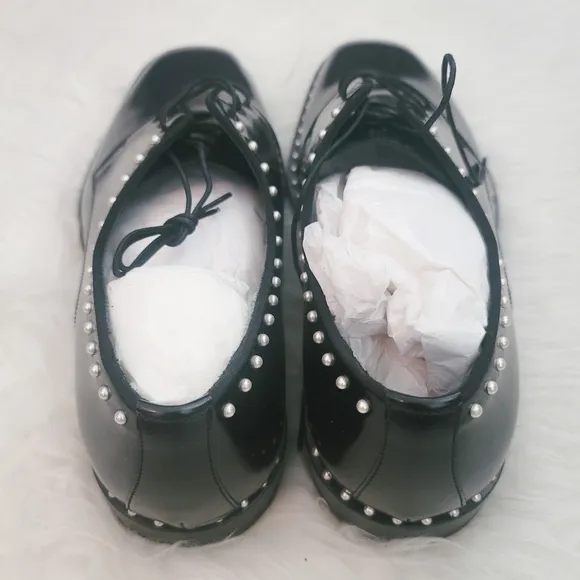 NWB Jimmy Choo Shiny Black Leather Oxford Shoe with Pearl Detailing