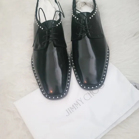 NWB Jimmy Choo Shiny Black Leather Oxford Shoe with Pearl Detailing