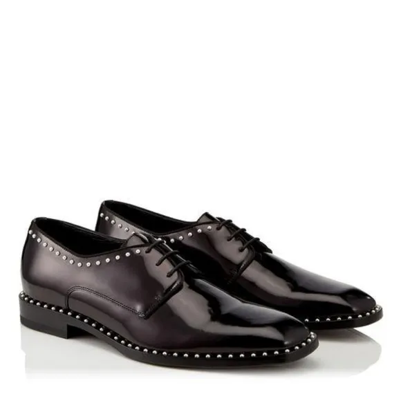 NWB Jimmy Choo Shiny Black Leather Oxford Shoe with Pearl Detailing