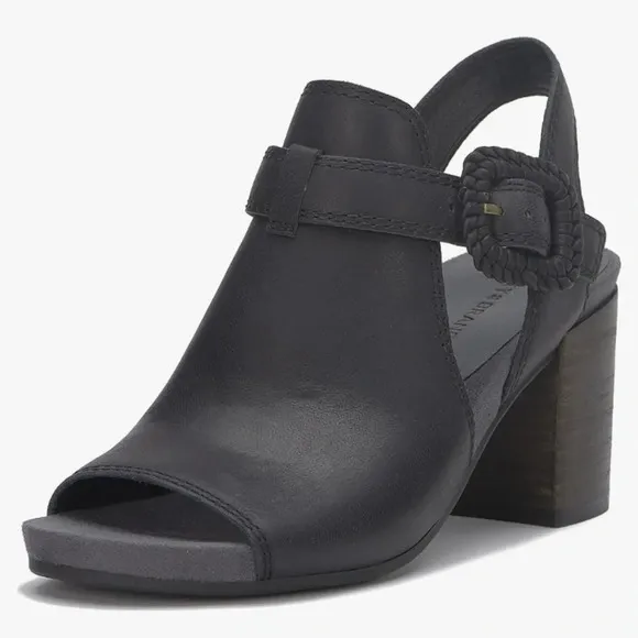 NWOB Lucky Brand Women's Juliane Black Leather Cutout Heeled Sandal
