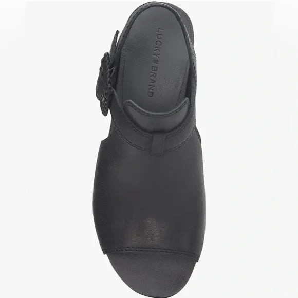 NWOB Lucky Brand Women's Juliane Black Leather Cutout Heeled Sandal