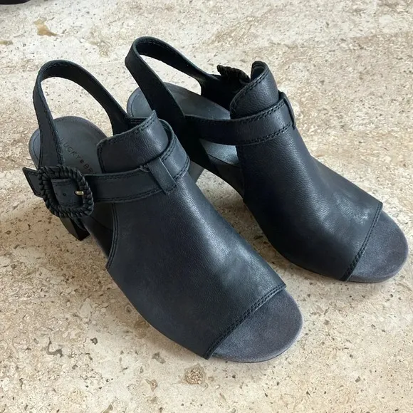 NWOB Lucky Brand Women's Juliane Black Leather Cutout Heeled Sandal
