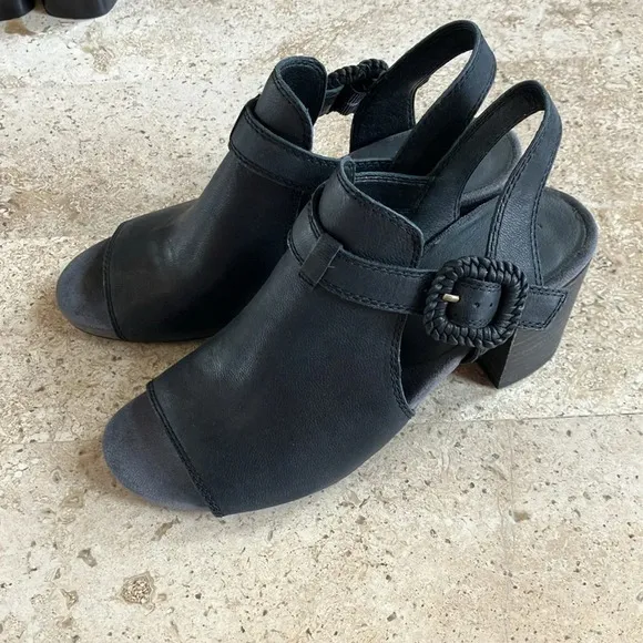 NWOB Lucky Brand Women's Juliane Black Leather Cutout Heeled Sandal