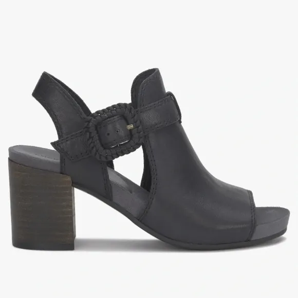 NWOB Lucky Brand Women's Juliane Black Leather Cutout Heeled Sandal