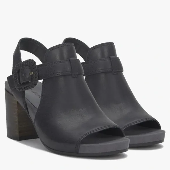 NWOB Lucky Brand Women's Juliane Black Leather Cutout Heeled Sandal