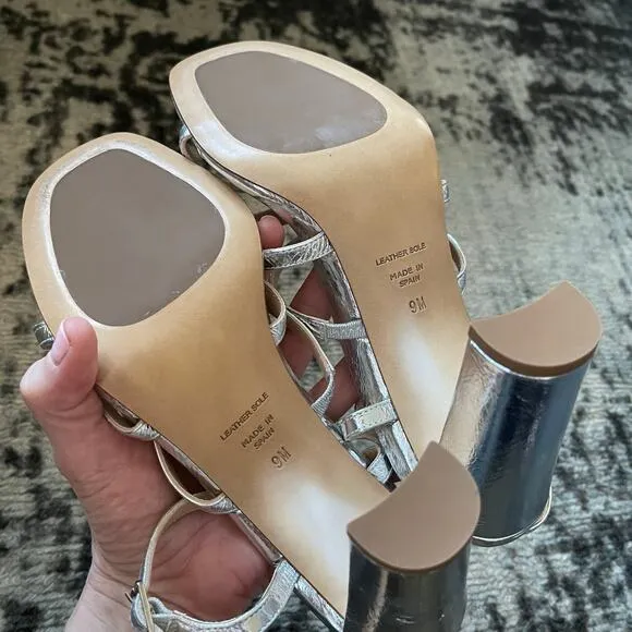 NWOT INEZ Sasha Block Heels in Silver Metallic Strappy Sandal Size 9 Sexy Chic