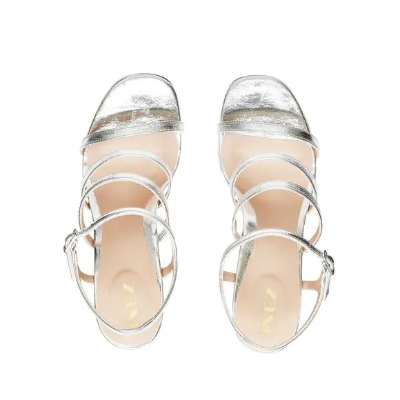 NWOT INEZ Sasha Block Heels in Silver Metallic Strappy Sandal Size 9 Sexy Chic