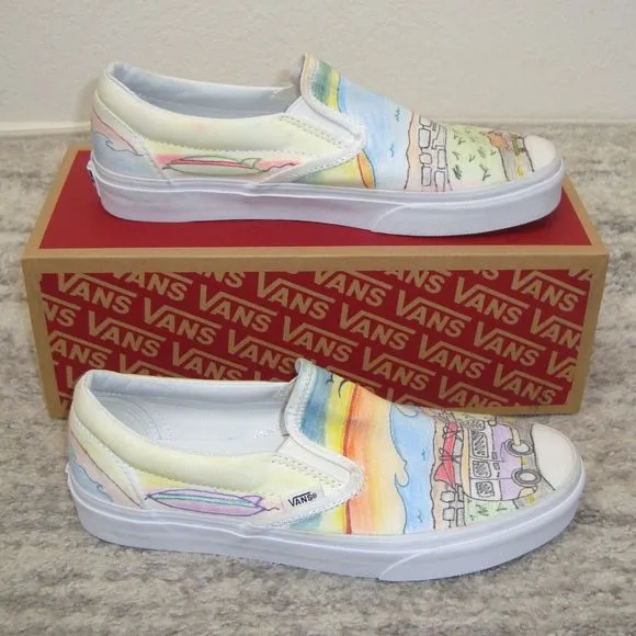 NWOT VANS Custom Unisex Beach Surfer Van Sunset Skateboard SlipOn Shoes M9/W10.5