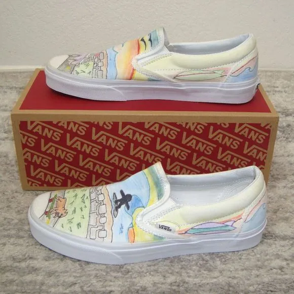 NWOT VANS Custom Unisex Beach Surfer Van Sunset Skateboard SlipOn Shoes M9/W10.5