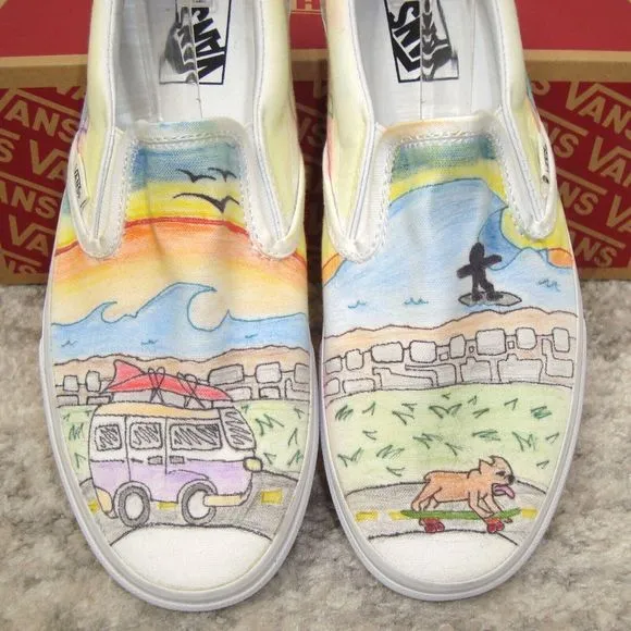 NWOT VANS Custom Unisex Beach Surfer Van Sunset Skateboard SlipOn Shoes M9/W10.5