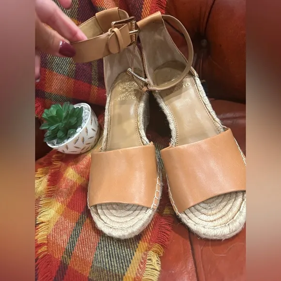 NWOT Vince Camuto Sandal LIGHT Brown Leather Leera Jute Espadrille Wedge Boho