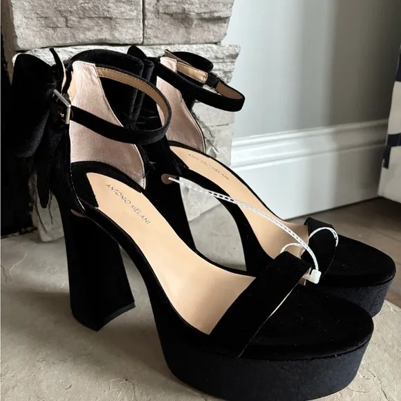 NWT Antonio Melani Velvet Platform Dress feathers bows Sandals heels prom, 8