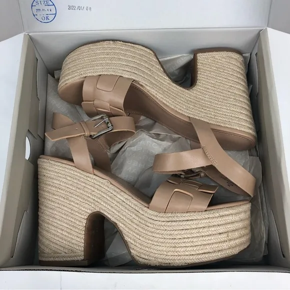 NWT Marc Fisher Viga Woven Platform Espadrilles Wedge Heels Crochet Nude Leather
