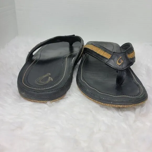 Olukai Kukui Men's Sandals Size 12 Black Leather Flip Flops Thongs Shoes