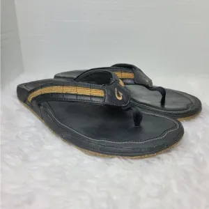 Olukai Kukui Men's Sandals Size 12 Black Leather Flip Flops Thongs Shoes