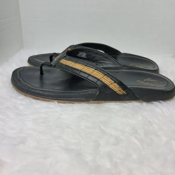 Olukai Kukui Men's Sandals Size 12 Black Leather Flip Flops Thongs Shoes