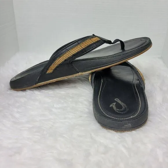 Olukai Kukui Men's Sandals Size 12 Black Leather Flip Flops Thongs Shoes