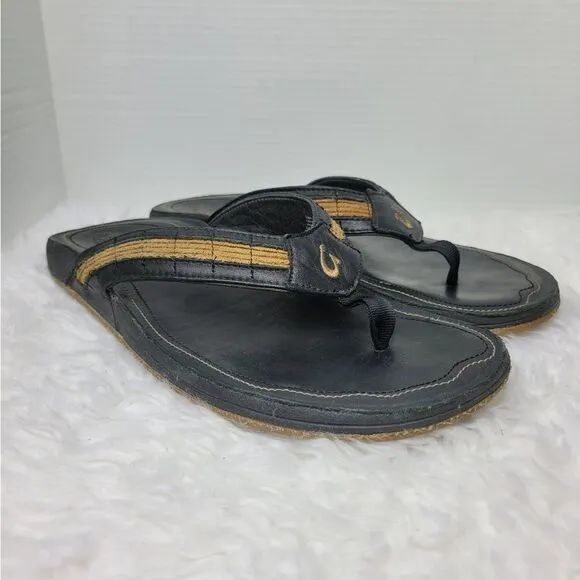 Olukai Kukui Men's Sandals Size 12 Black Leather Flip Flops Thongs Shoes
