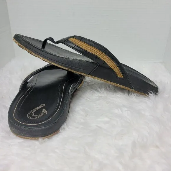 Olukai Kukui Men's Sandals Size 12 Black Leather Flip Flops Thongs Shoes