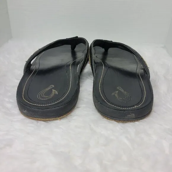 Olukai Kukui Men's Sandals Size 12 Black Leather Flip Flops Thongs Shoes