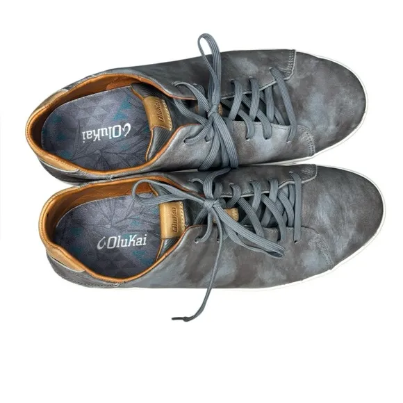 OluKai Lae'Ahi Li'Ili Men's 11 Shoes Gray Blue Leather Sneaker Lace Up Casual