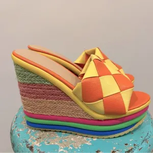 Orange Woven Espadrilles Multicolor Wedge Slides Sandals Platforms Size 7.5
