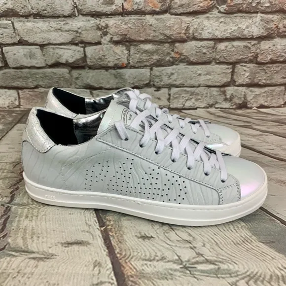 P448 John Sneakers Low Top Lace Up Iridescent White Beige Sz 35 EU/ 5-5.5 US
