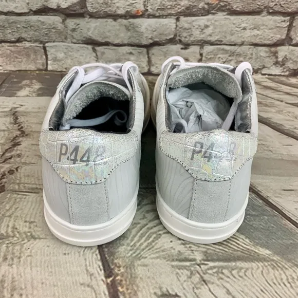 P448 John Sneakers Low Top Lace Up Iridescent White Beige Sz 35 EU/ 5-5.5 US