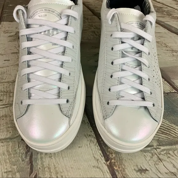 P448 John Sneakers Low Top Lace Up Iridescent White Beige Sz 35 EU/ 5-5.5 US
