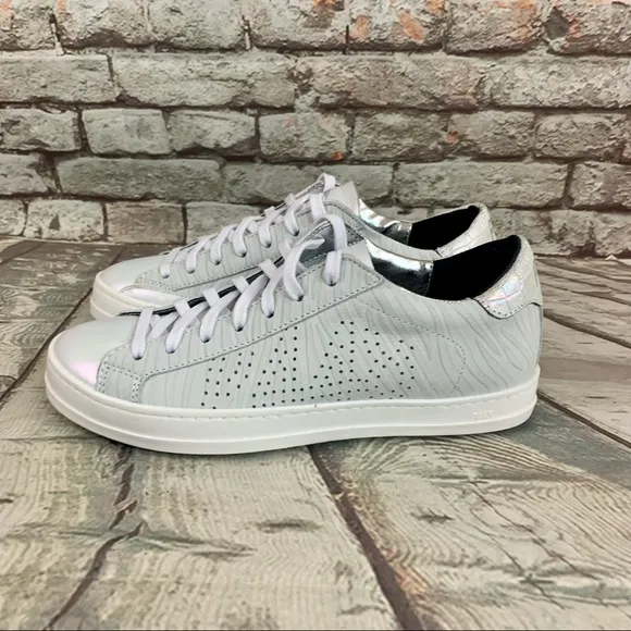 P448 John Sneakers Low Top Lace Up Iridescent White Beige Sz 35 EU/ 5-5.5 US