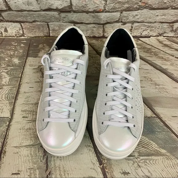 P448 John Sneakers Low Top Lace Up Iridescent White Beige Sz 35 EU/ 5-5.5 US