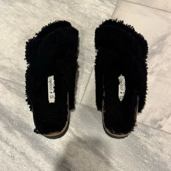 Papillio‎ Birkenstock Daytona Shearling Teddy Black Platform Sandals Size 41 EUC