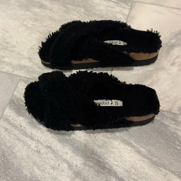 Papillio‎ Birkenstock Daytona Shearling Teddy Black Platform Sandals Size 41 EUC