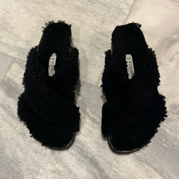 Papillio‎ Birkenstock Daytona Shearling Teddy Black Platform Sandals Size 41 EUC