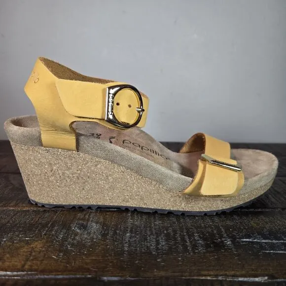 Papillio Soley Wedge Womens 8 EU 39 Narrow Leather Sandals Yellow Brown
