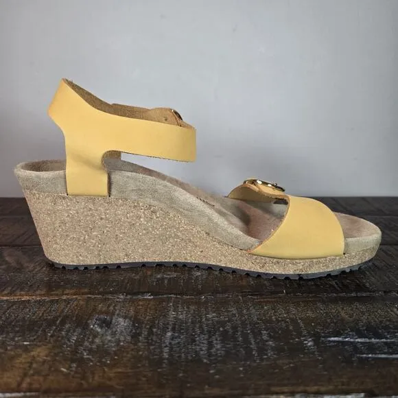 Papillio Soley Wedge Womens 8 EU 39 Narrow Leather Sandals Yellow Brown