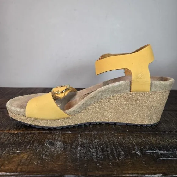 Papillio Soley Wedge Womens 8 EU 39 Narrow Leather Sandals Yellow Brown