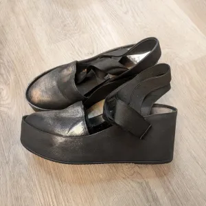Papucei Black Silver Wrap Ankle Wedge Shoes. Size 37