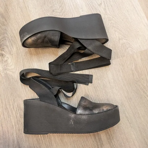 Papucei Black Silver Wrap Ankle Wedge Shoes. Size 37