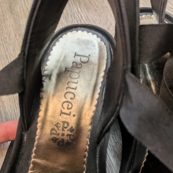 Papucei Black Silver Wrap Ankle Wedge Shoes. Size 37