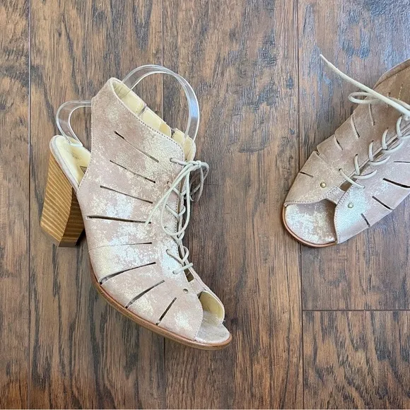 Paul Green • Cosmo peep toe sandal heeled lace up gold gladiator cage bootie