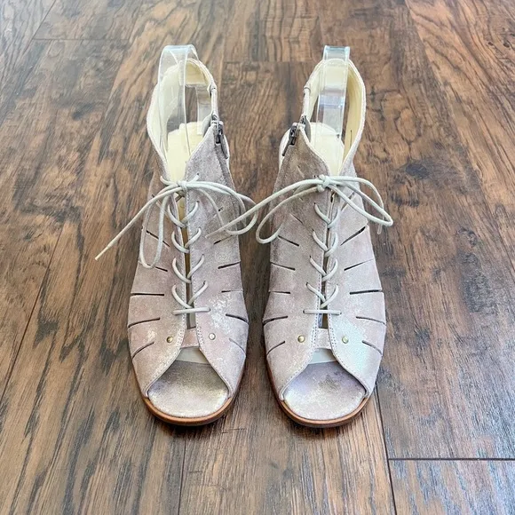 Paul Green • Cosmo peep toe sandal heeled lace up gold gladiator cage bootie