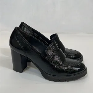 Paul Green Shoes Size 10.5 Black Patent Leather Heels Chunky Loafer Style EUC