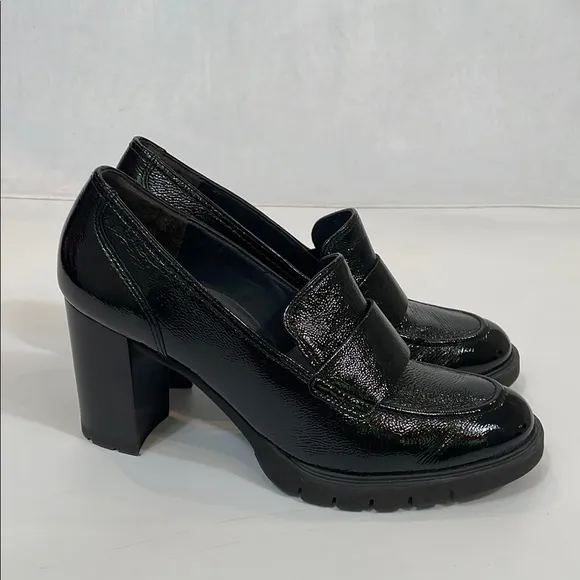 Paul Green Shoes Size 10.5 Black Patent Leather Heels Chunky Loafer Style EUC