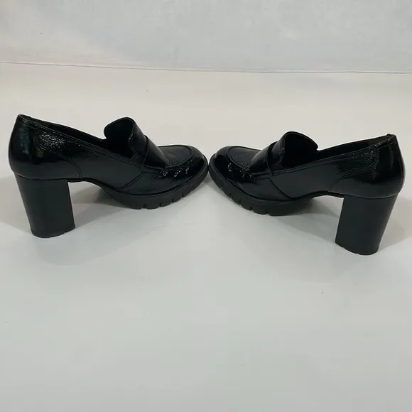 Paul Green Shoes Size 10.5 Black Patent Leather Heels Chunky Loafer Style EUC