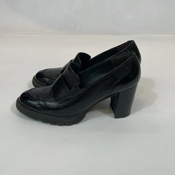 Paul Green Shoes Size 10.5 Black Patent Leather Heels Chunky Loafer Style EUC