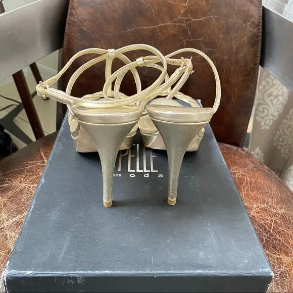Pelle Moda gold braided ankle heel sandals 8
