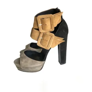 Pierre Hardy Suede Ankle Strap Platform Italian Tan Black Sandals Women’s